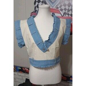 Kroix Cut Off Fringe Twill Crop Top V Neck Sz L Denim Raw Hem Cap Sleeve Sexy